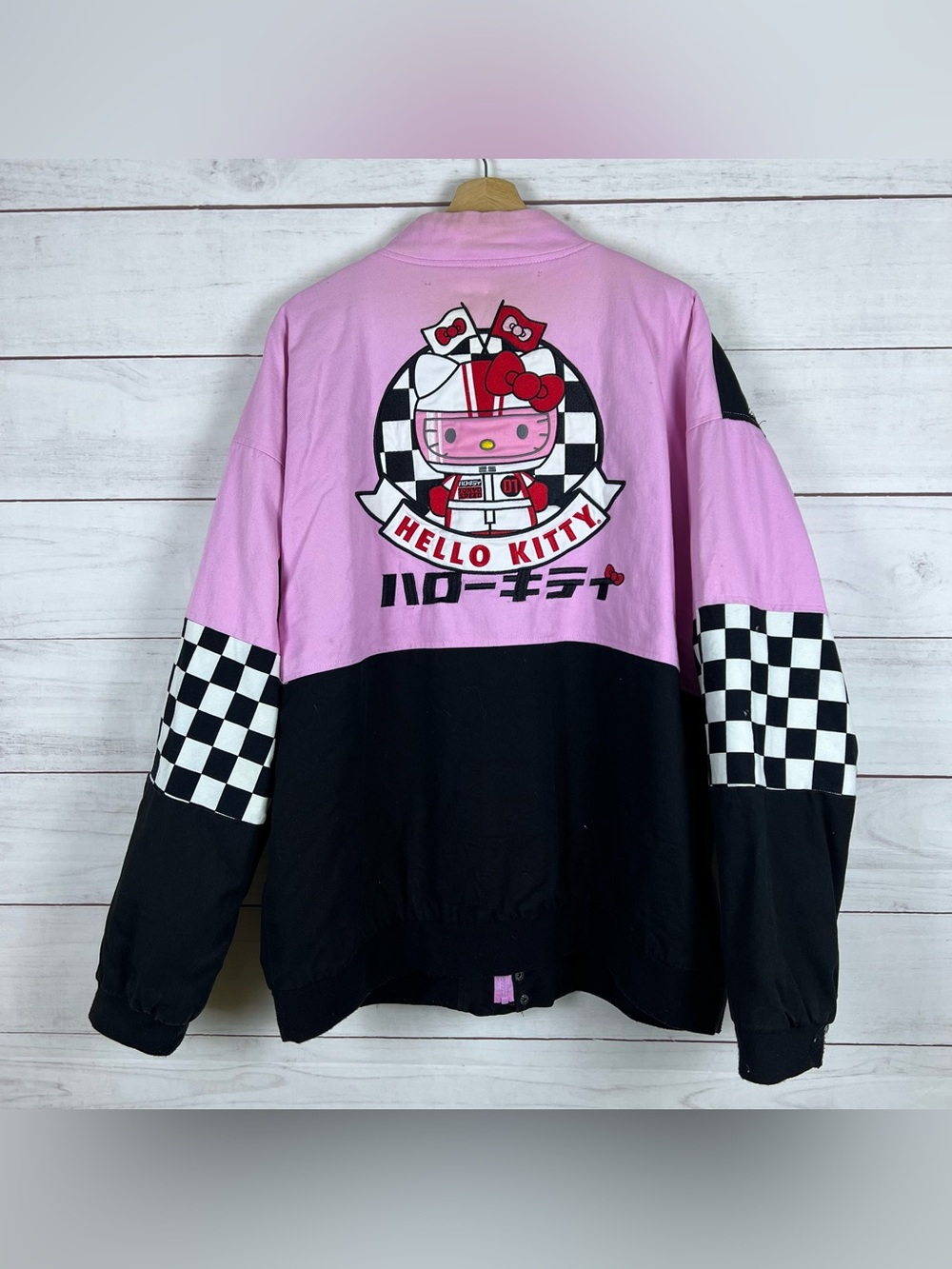Sanrio Hello Kitty Embroidered Racing Jacket Pink Black Unisex 2X Has Stains